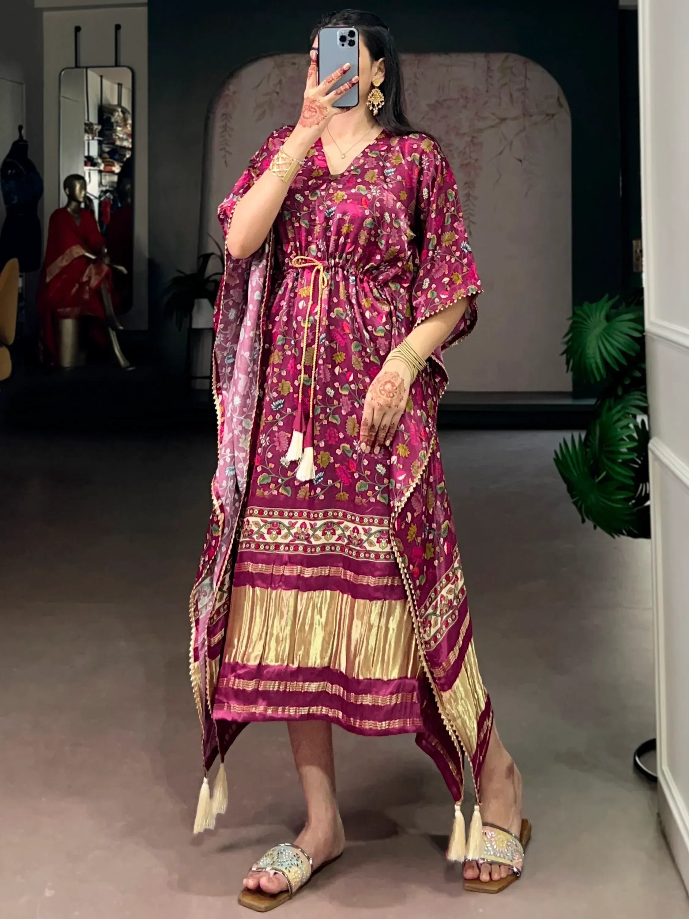 Stylish Wine Floral Printed Gaji Silk Marriage Wear Kaftan