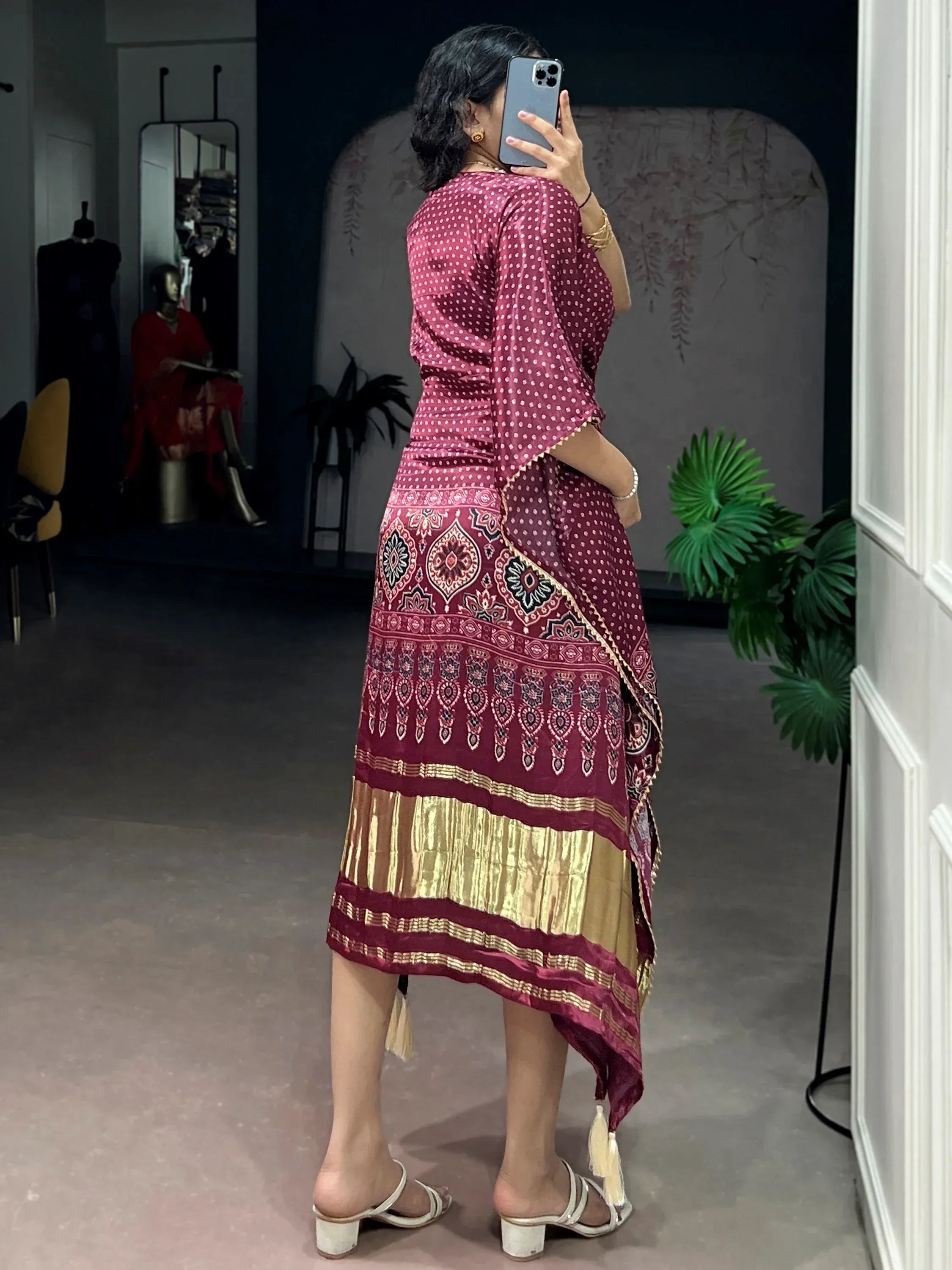 Alluring Wine Bandhani Printed Silk Wedding Wear Kaftan