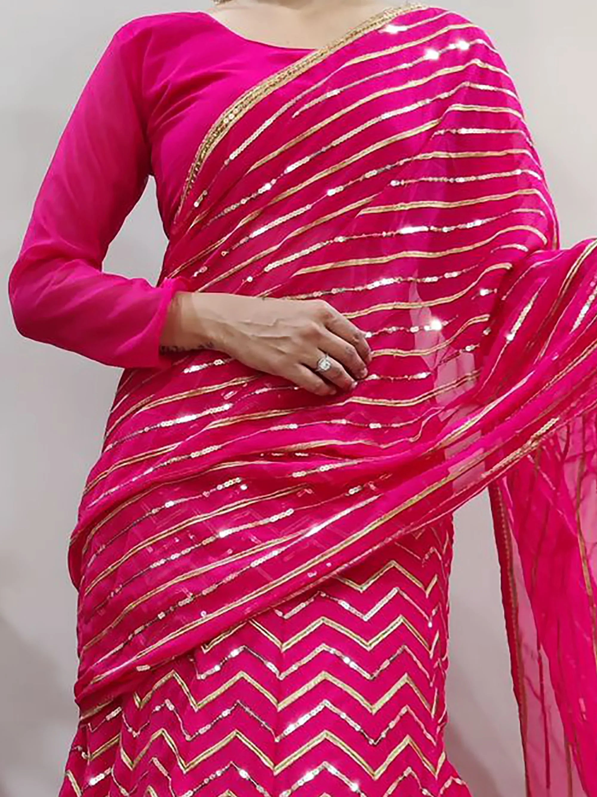 Sweet Rani Pink Georgette Sequins Work Party Wear Lehenga Saree