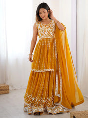 Dazzling Mustard Yellow Georgette Haldi Wear Lehenga With Peplum Top