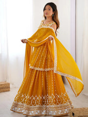 Dazzling Mustard Yellow Georgette Haldi Wear Lehenga With Peplum Top