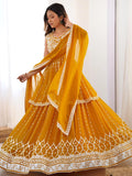 Dazzling Mustard Yellow Georgette Haldi Wear Lehenga With Peplum Top