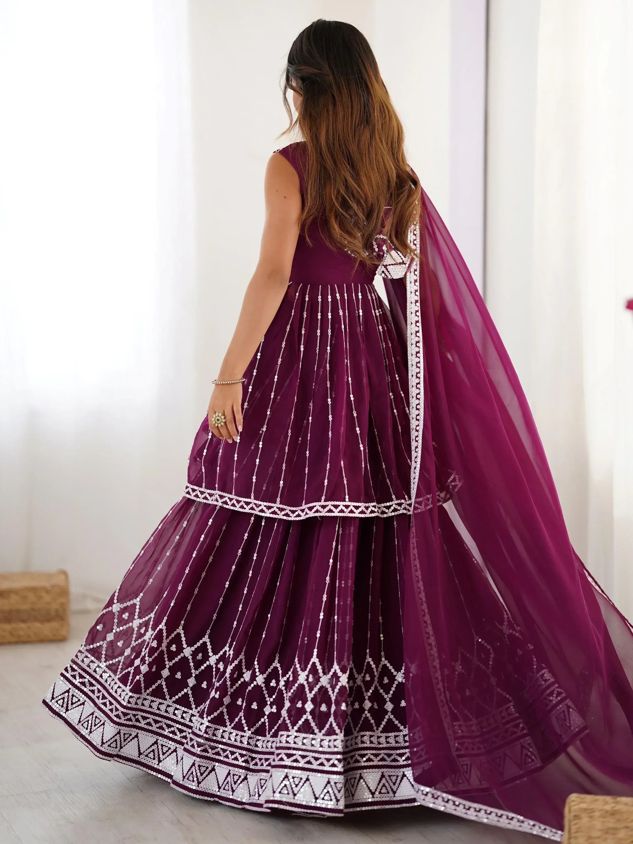 Purple designer lehenga choli with silver embroidery and sheer dupatta, ethnic Indian wear