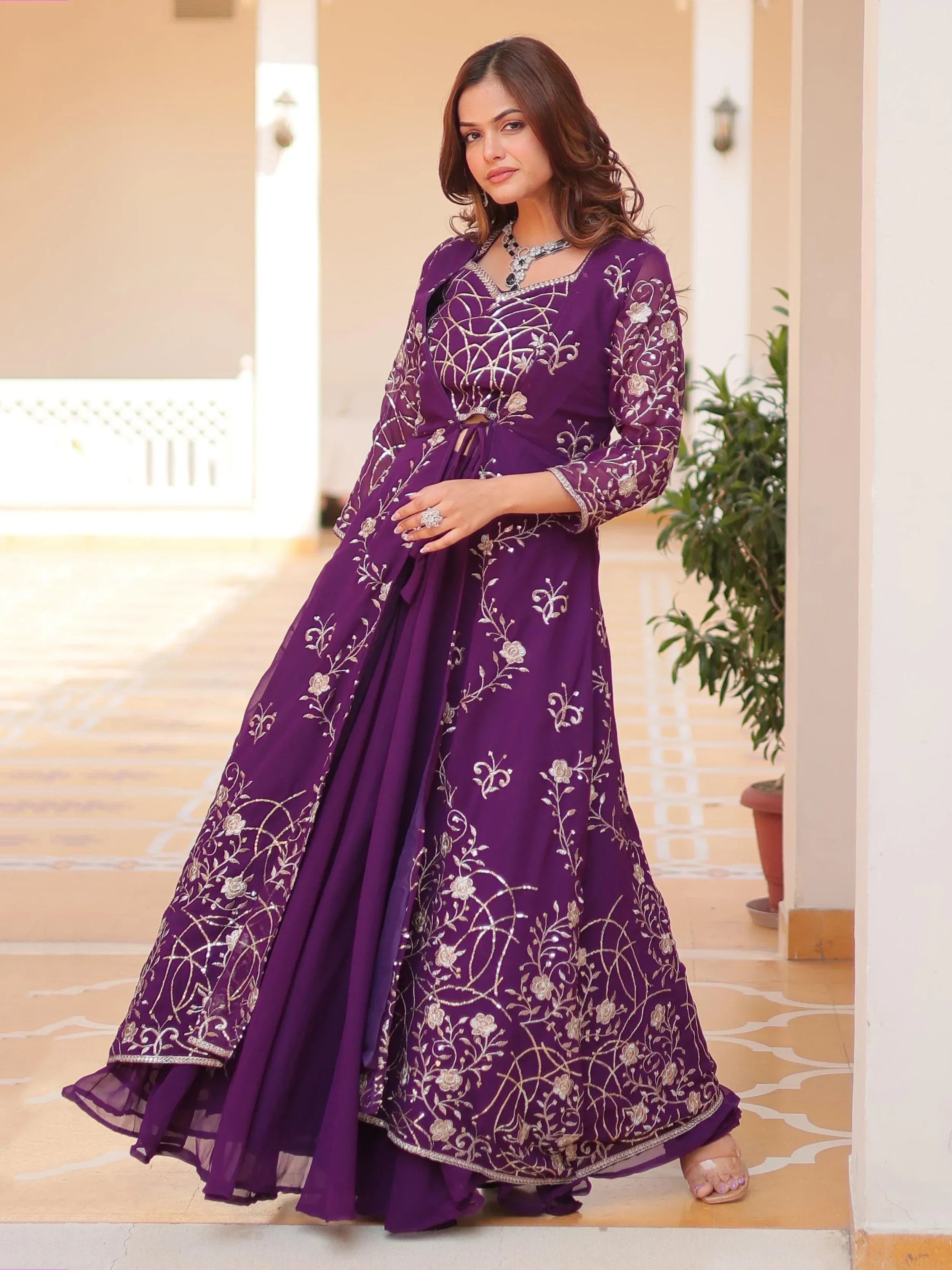 Chic Purple Thread Embroidered Palazzo Suit With Shrug