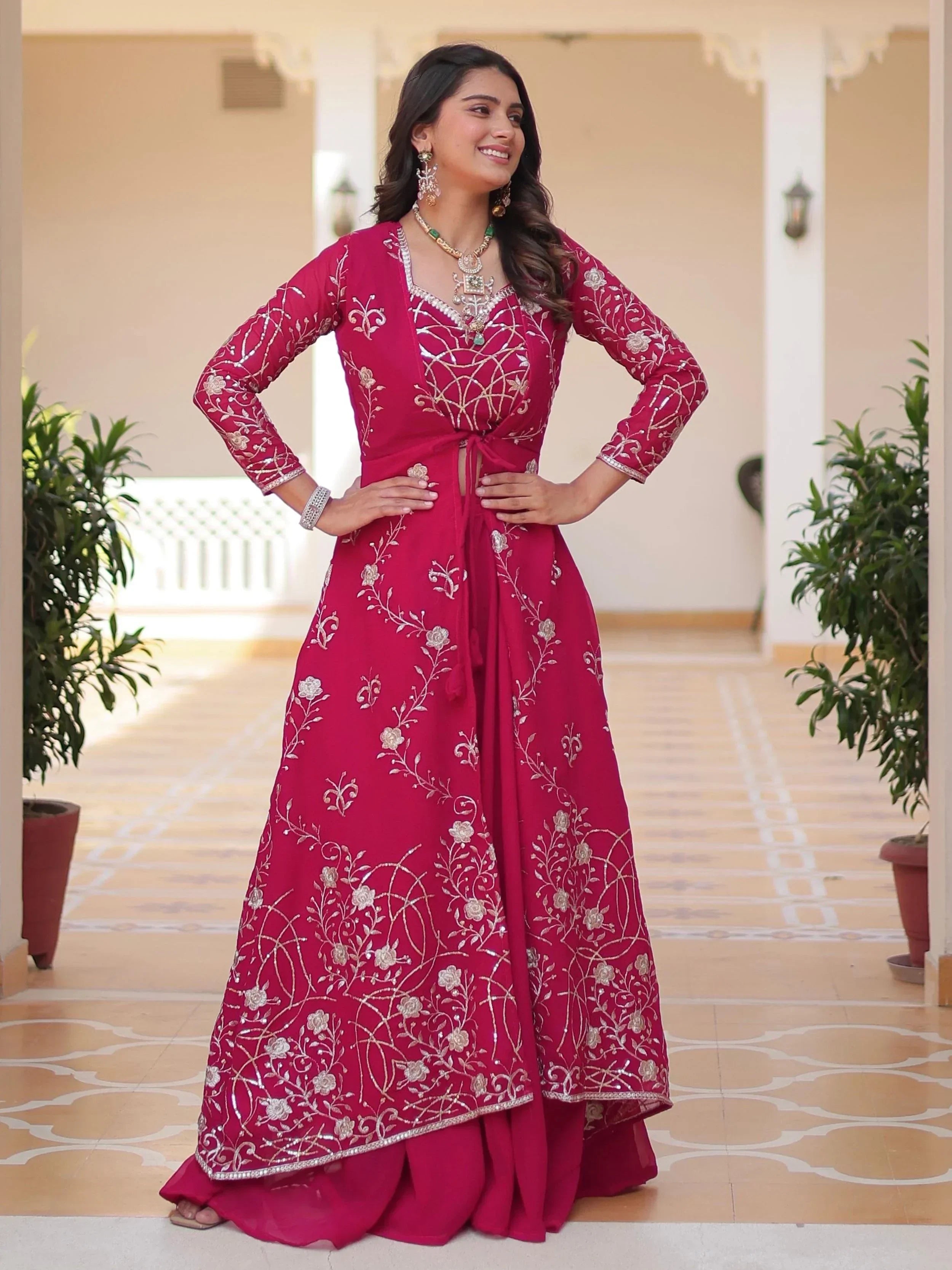 Mesmerizing Pink Georgette Sequins Embroidered Palazzo Suit With Shrug