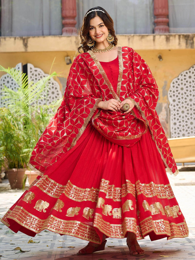 Marvelous Red Vichitra Silk Sequins Function Wear Gown With Dupatta