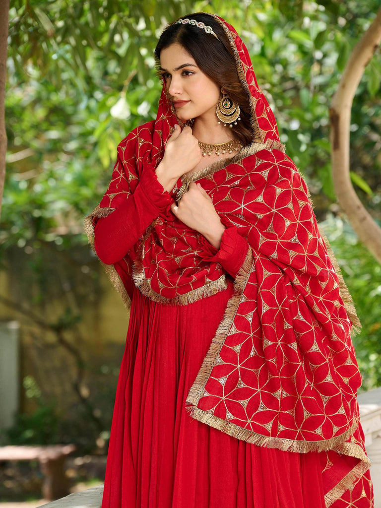 Marvelous Red Vichitra Silk Sequins Function Wear Gown With Dupatta