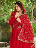 Marvelous Red Vichitra Silk Sequins Function Wear Gown With Dupatta
