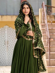 Artistic Green Silk Sequins Mehendi Wear Gown With Dupatta