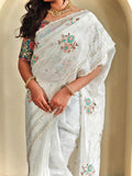 Pretty White Organza Sequins Work Party Wear Saree With Blouse