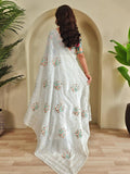 Pretty White Organza Sequins Work Party Wear Saree With Blouse