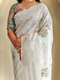 Pretty White Organza Sequins Work Party Wear Saree With Blouse
