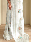 Pretty White Organza Sequins Work Party Wear Saree With Blouse