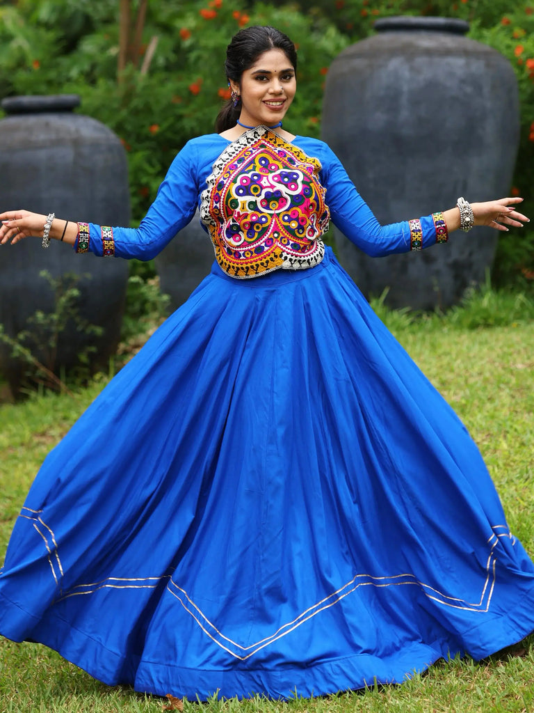 Dazzling Royal Blue Rayon Patch Work Navratri Wear Crop Top Lehenga