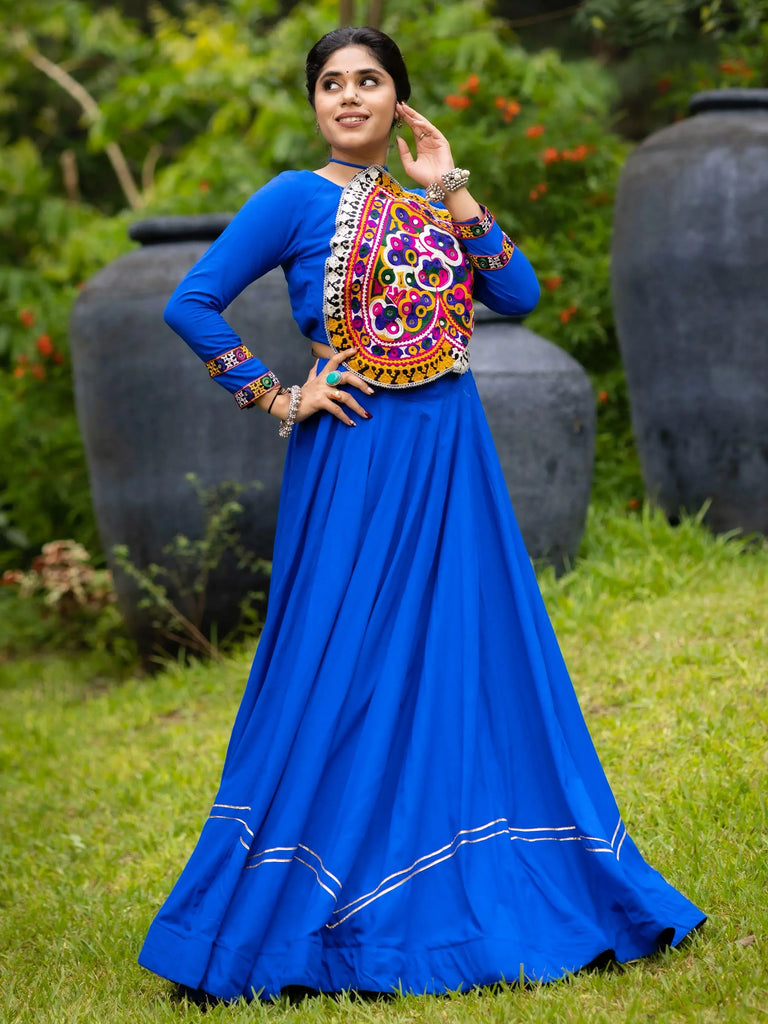 Dazzling Royal Blue Rayon Patch Work Navratri Wear Crop Top Lehenga