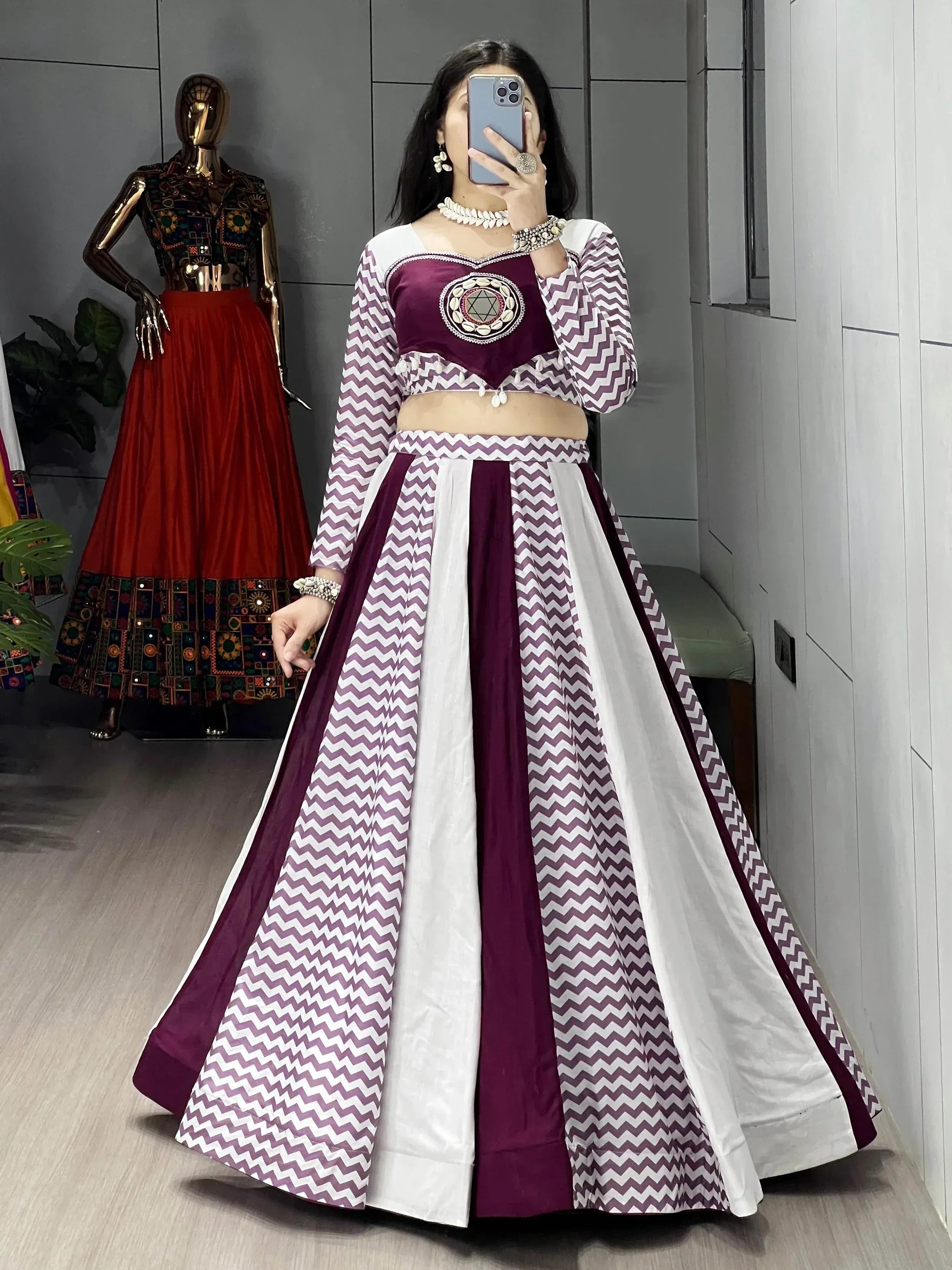 Purple and white chevron print lehenga choli with mirror work, ethnic Indian wear