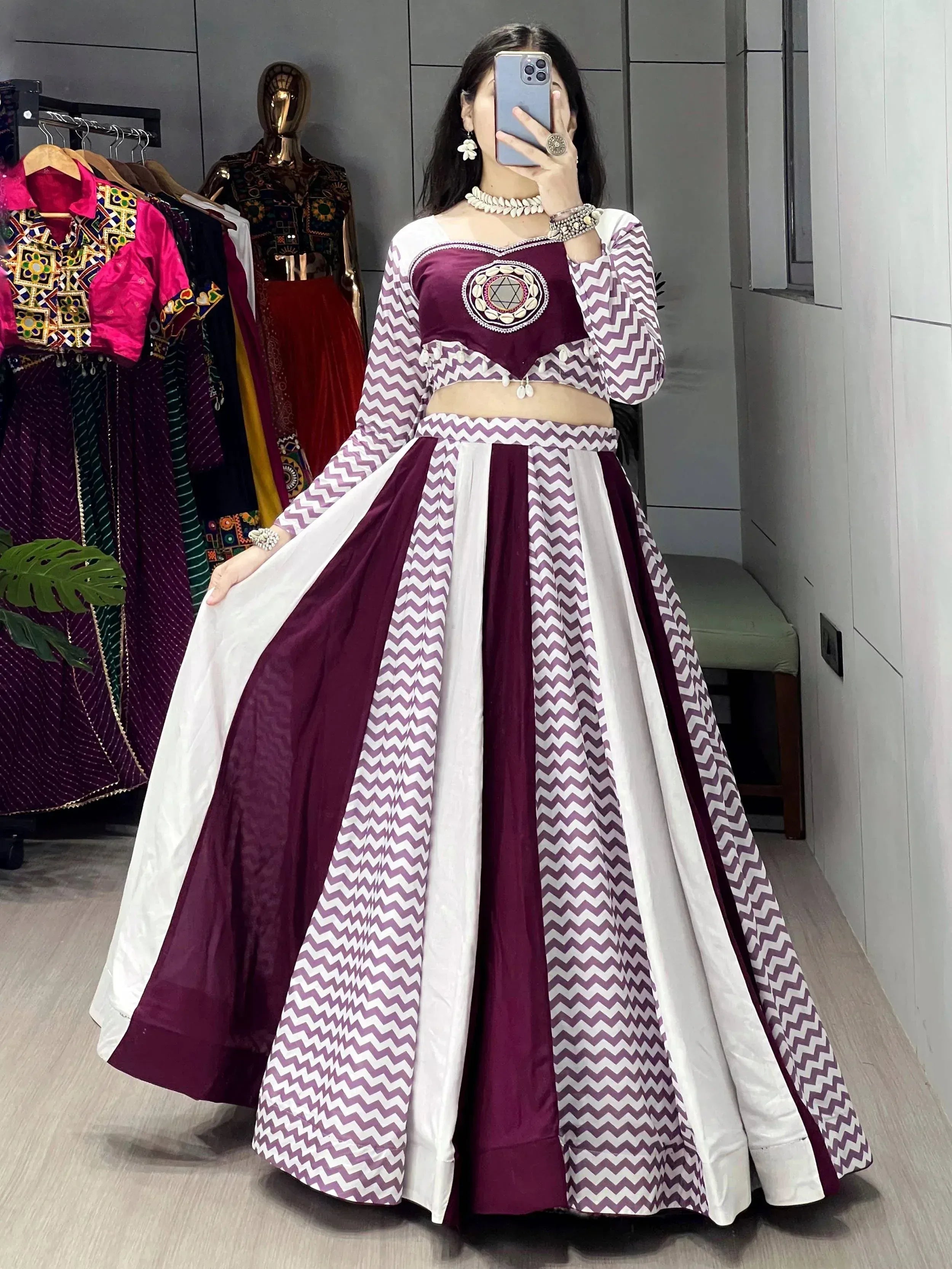 Purple and white chevron print lehenga choli with embroidered blouse, Indian ethnic wear