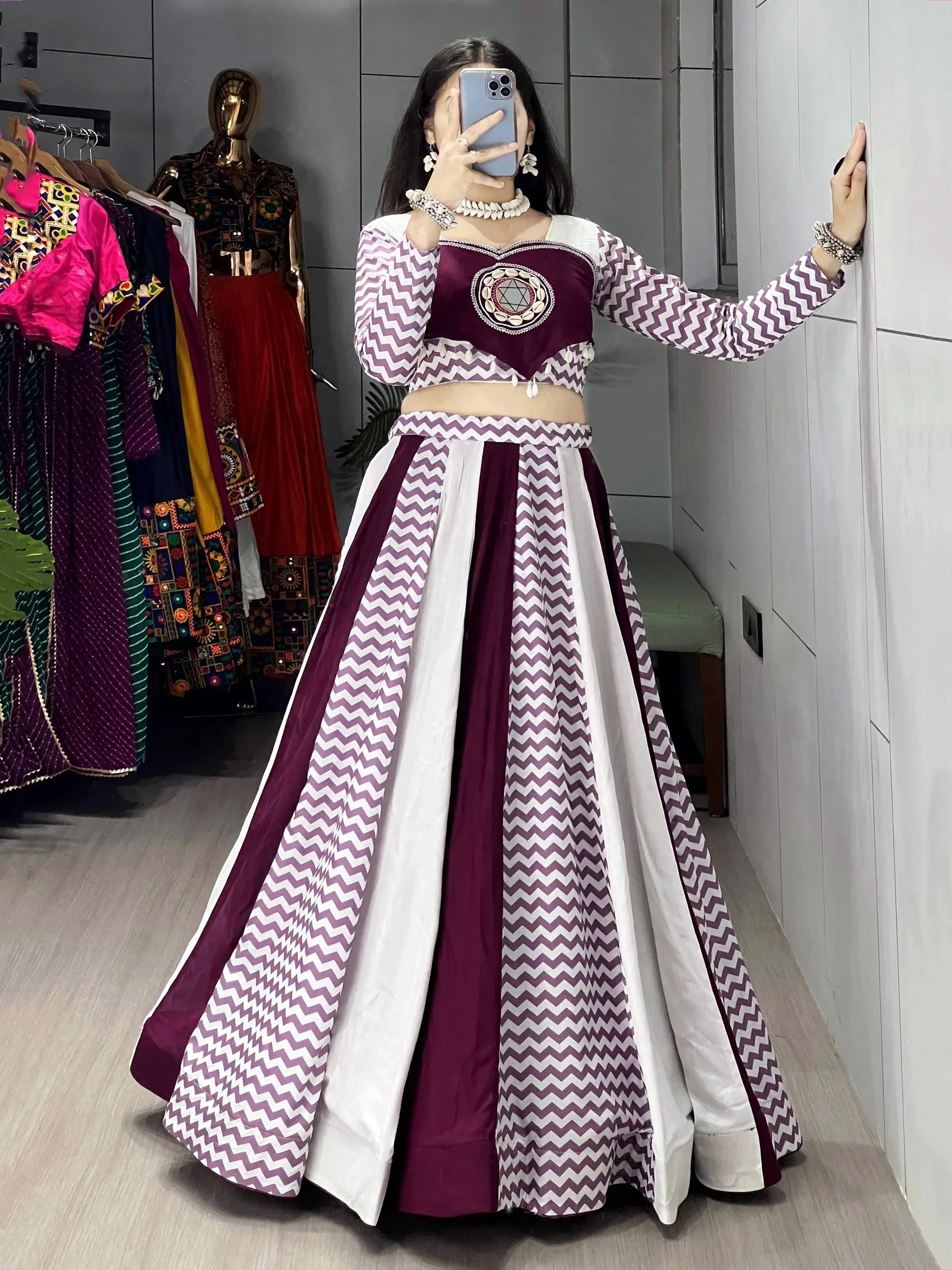 Purple and white chevron print lehenga choli with embroidered blouse, Indian ethnic wear