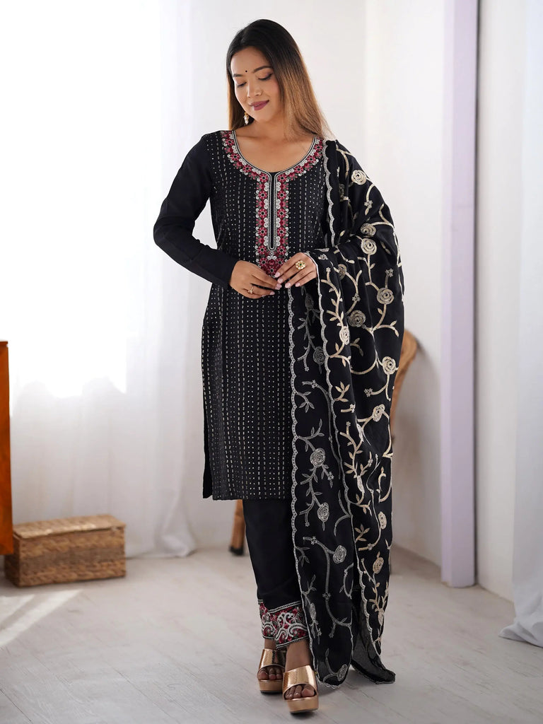 Lavishing Black Chinon Thread Embroidered Traditional Straight Suit