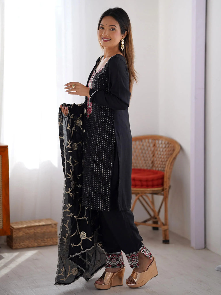 Lavishing Black Chinon Thread Embroidered Traditional Straight Suit