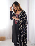 Lavishing Black Chinon Thread Embroidered Traditional Straight Suit