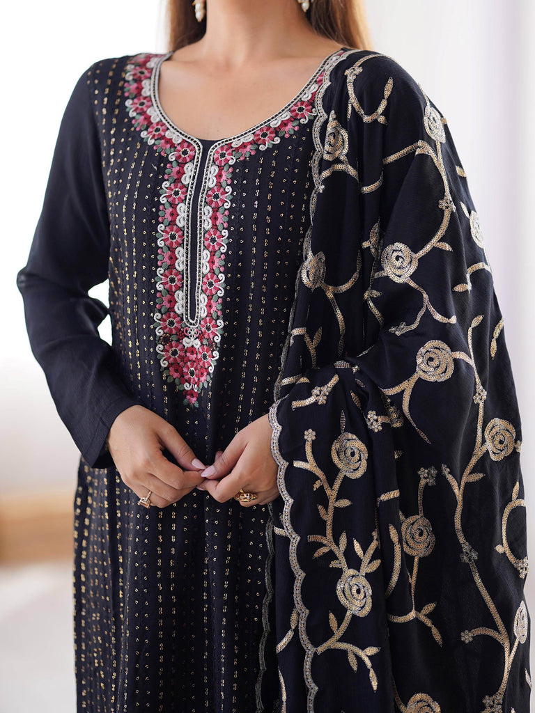 Lavishing Black Chinon Thread Embroidered Traditional Straight Suit
