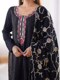 Lavishing Black Chinon Thread Embroidered Traditional Straight Suit