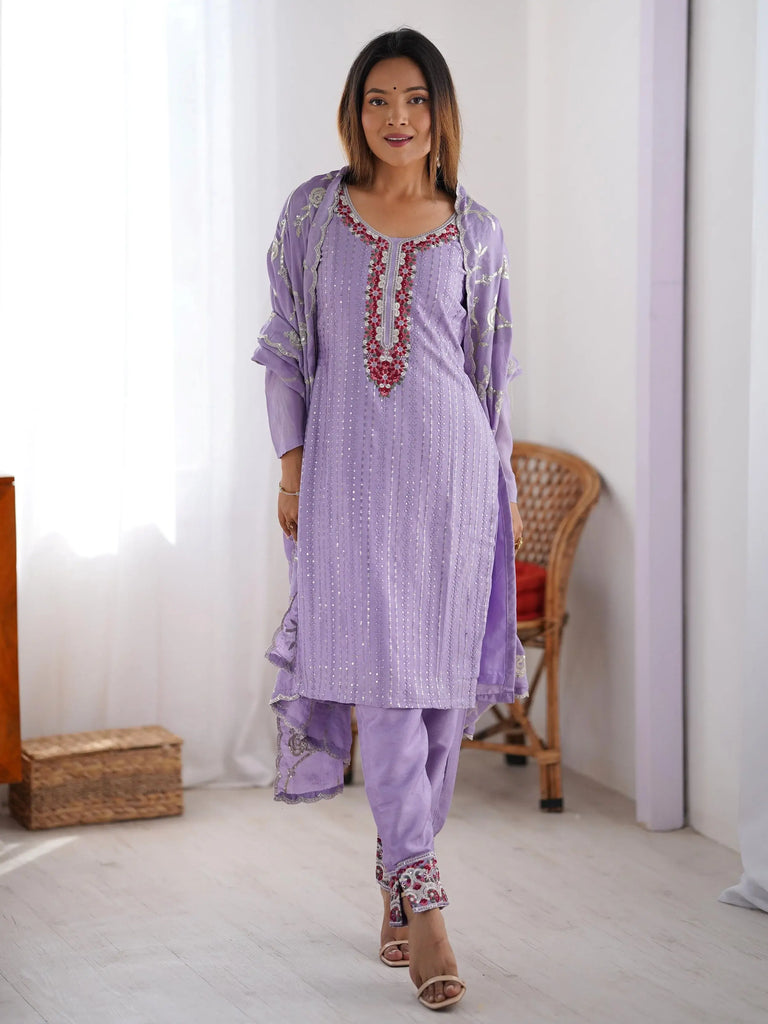 Pretty Lavender Chinon Sequins Festival Wear Straight Suit