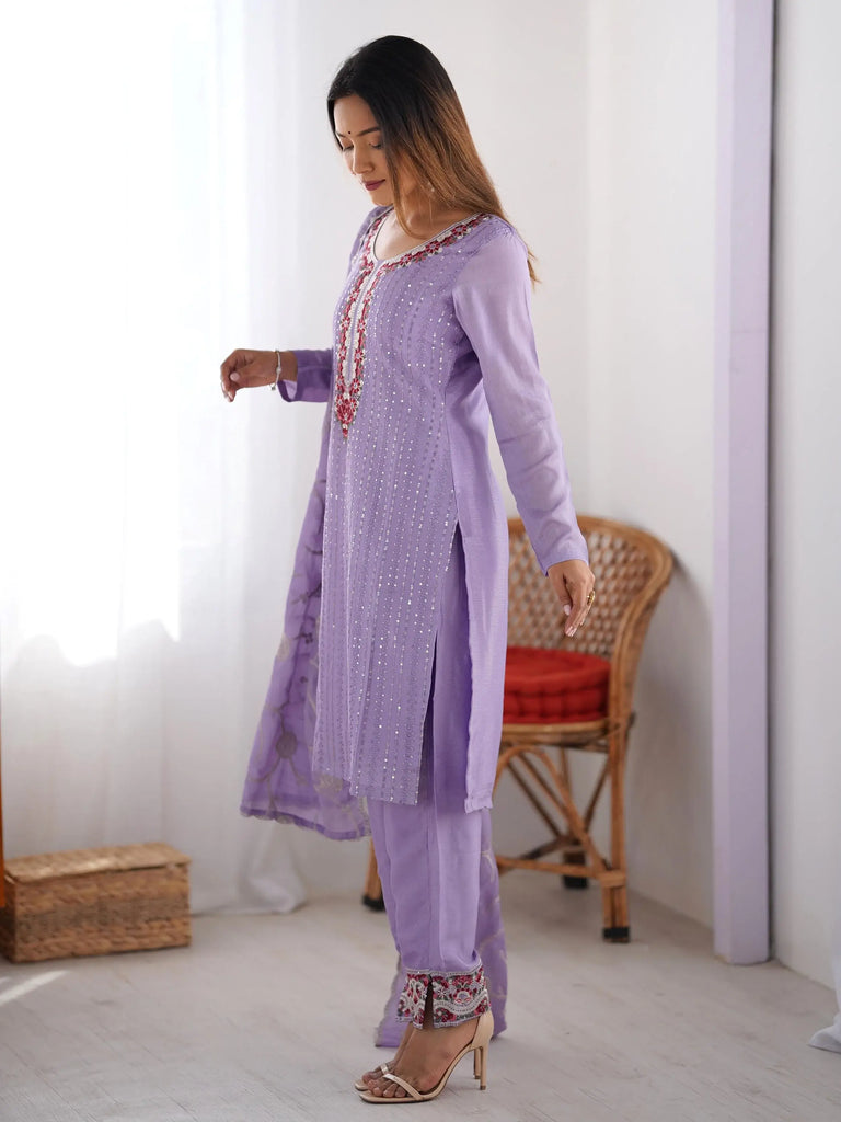 Pretty Lavender Chinon Sequins Festival Wear Straight Suit
