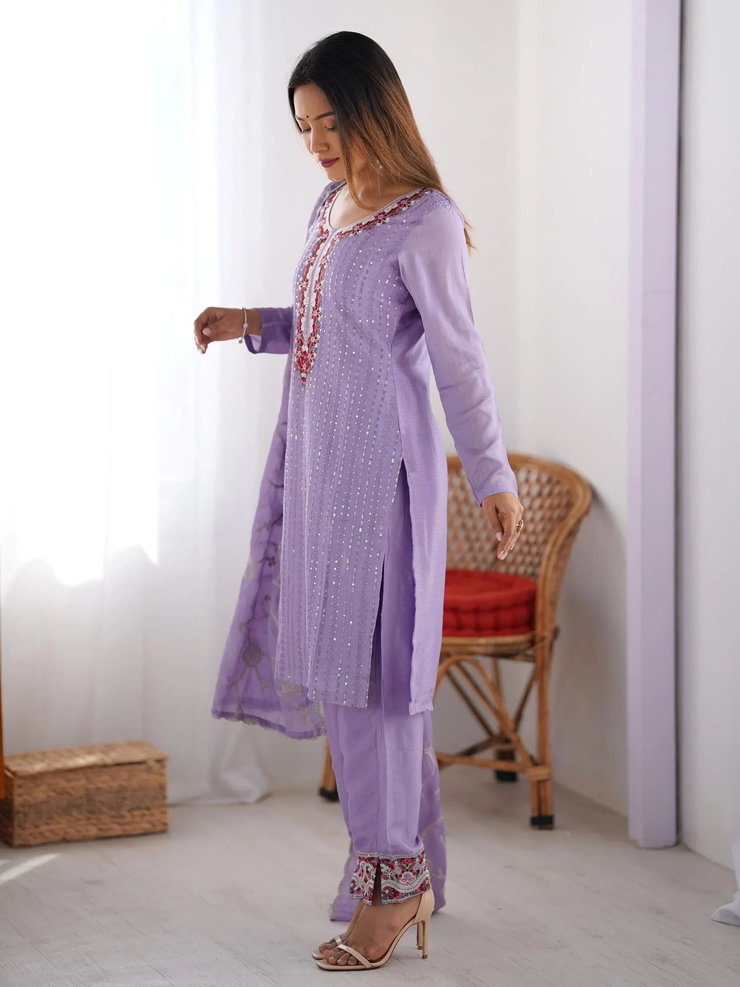 Pretty Lavender Chinon Sequins Festival Wear Straight Suit