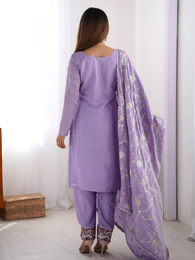 Pretty Lavender Chinon Sequins Festival Wear Straight Suit
