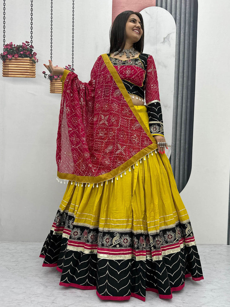 Stunning Yellow Cotton Thread Embroidered Lehenga Choli With Dupatta