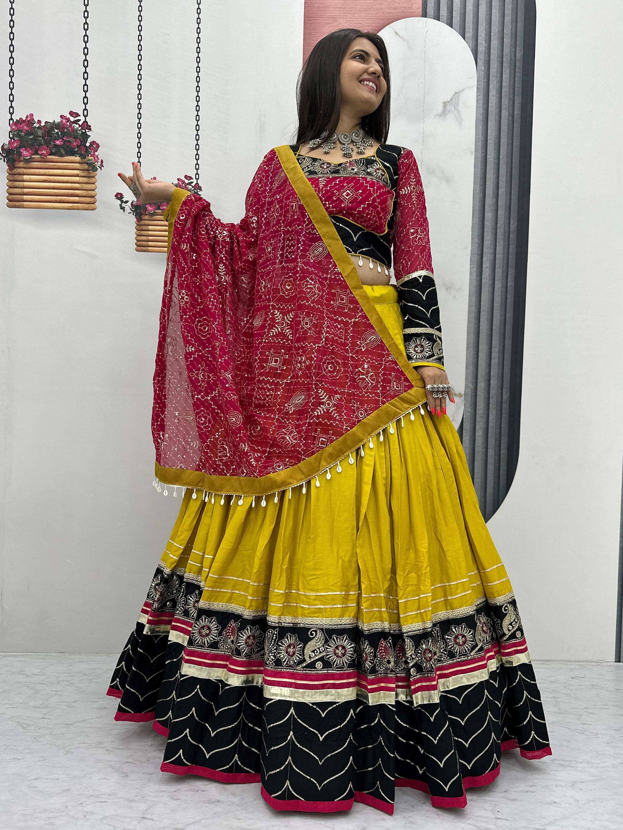 Yellow and maroon embroidered lehenga choli with black dupatta, Indian ethnic wear