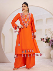 Gorgeous Orange Thread Embroidered Rayon Navratri Wear Co-Ord Set