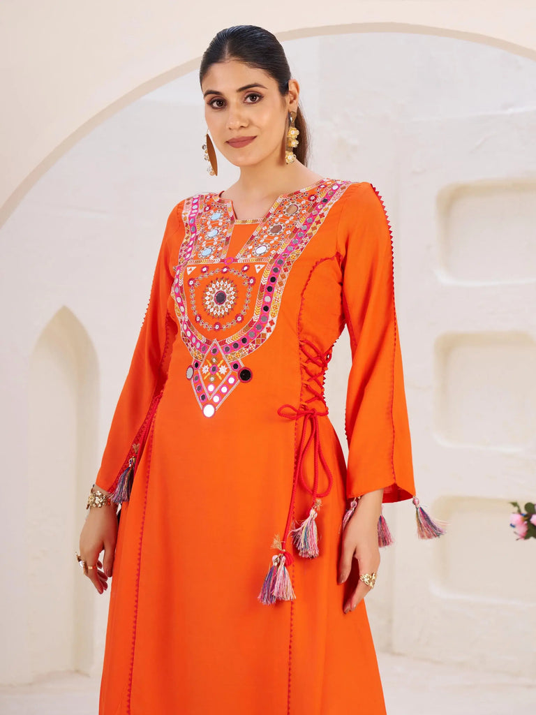 Gorgeous Orange Thread Embroidered Rayon Navratri Wear Co-Ord Set