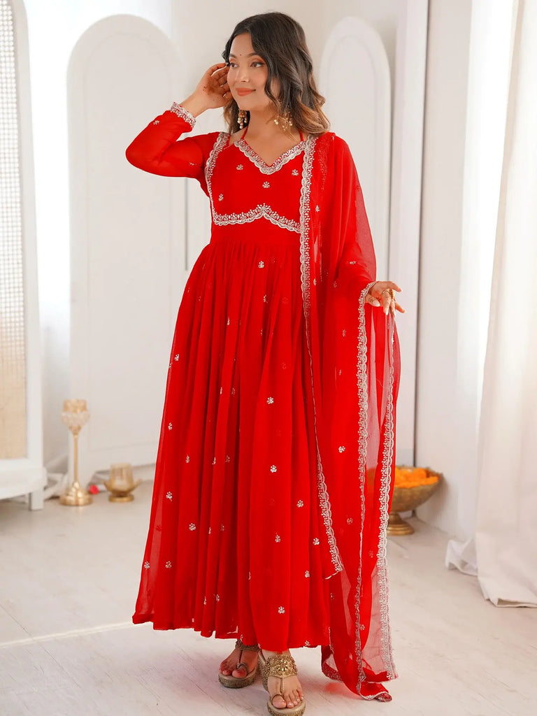Gorgeous Red Thread Embroidered Georgette Festive Wear Anarkali Suit