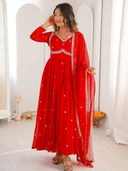 Gorgeous Red Thread Embroidered Georgette Festive Wear Anarkali Suit