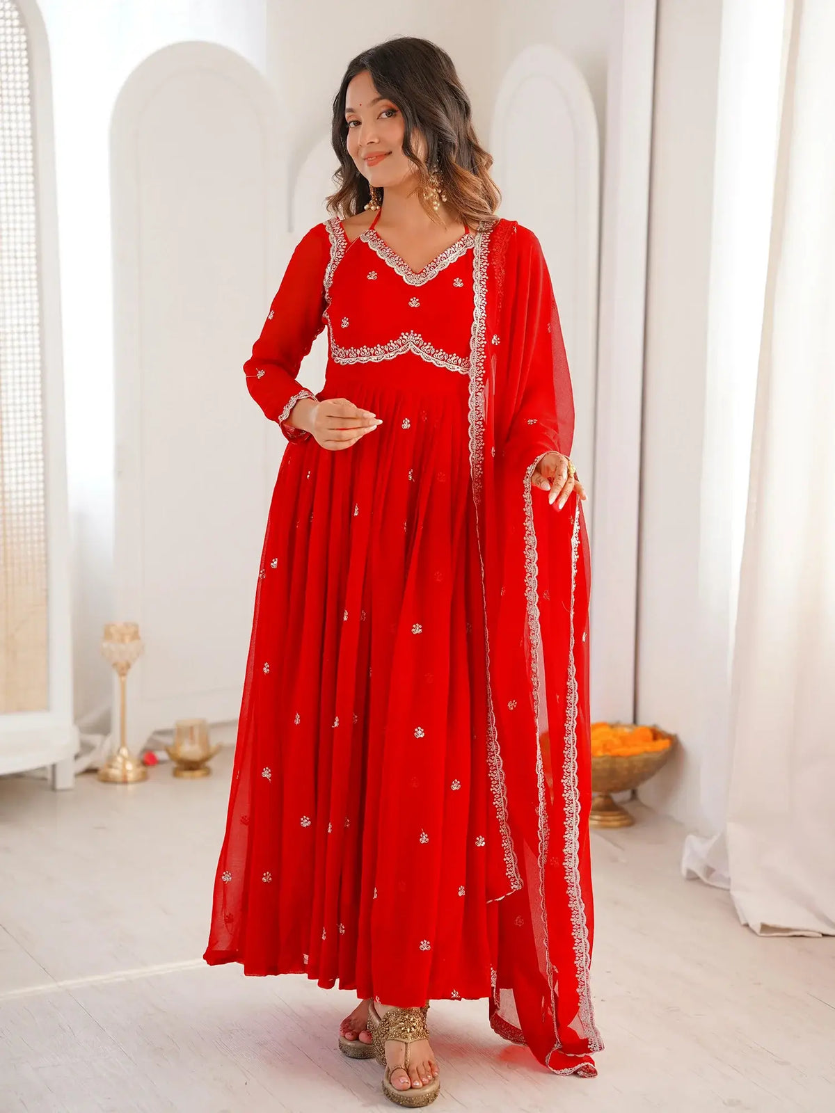 Gorgeous Red Thread Embroidered Georgette Festive Wear Anarkali Suit