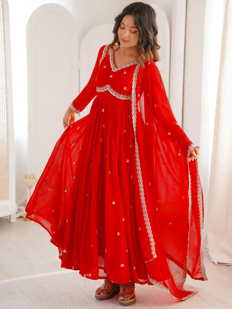 Gorgeous Red Thread Embroidered Georgette Festive Wear Anarkali Suit