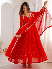 Gorgeous Red Thread Embroidered Georgette Festive Wear Anarkali Suit