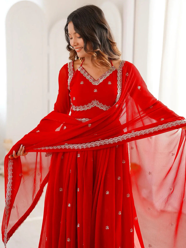 Gorgeous Red Thread Embroidered Georgette Festive Wear Anarkali Suit