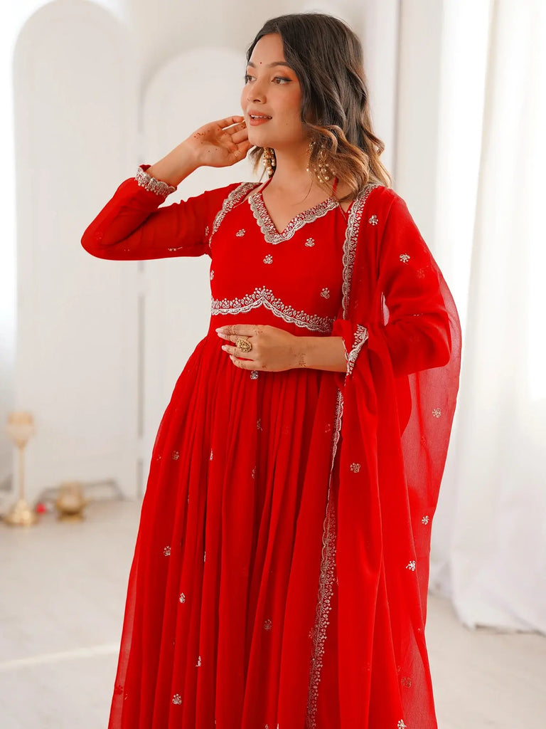 Gorgeous Red Thread Embroidered Georgette Festive Wear Anarkali Suit