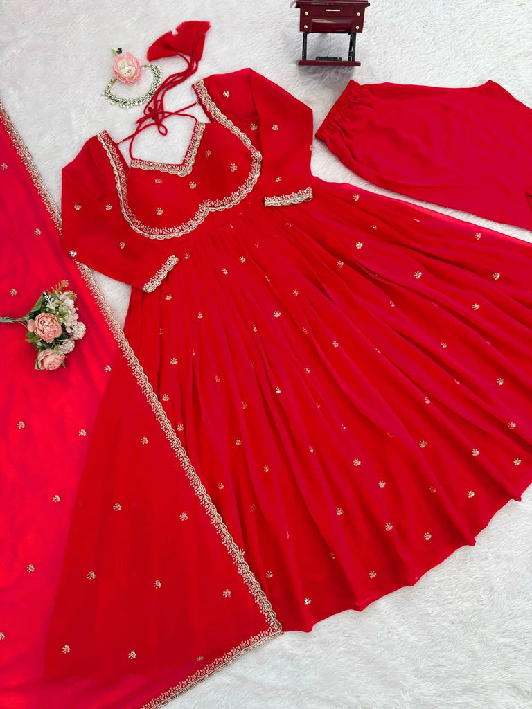 Gorgeous Red Thread Embroidered Georgette Festive Wear Anarkali Suit