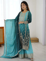 Impressive Blue Thread Embroidered Chinon Wedding Wear Sharara Suit