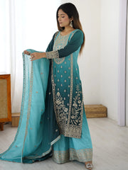 Impressive Blue Thread Embroidered Chinon Wedding Wear Sharara Suit