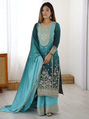 Impressive Blue Thread Embroidered Chinon Wedding Wear Sharara Suit
