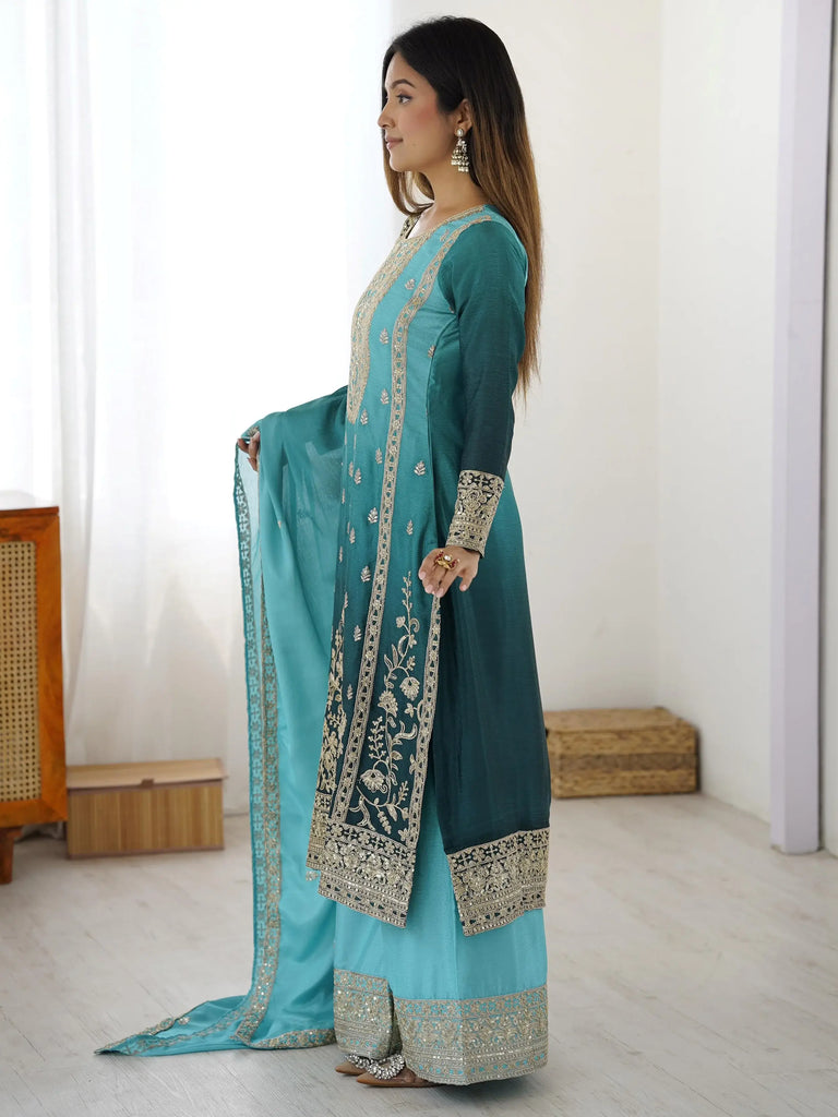 Impressive Blue Thread Embroidered Chinon Wedding Wear Sharara Suit