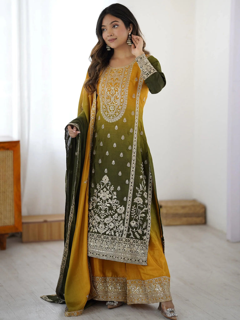 Stunning Yellow Thread Embroidered Chinon Festive Wear Sharara Suit