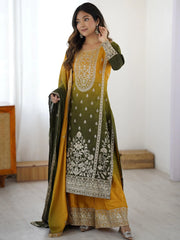 Stunning Yellow Thread Embroidered Chinon Festive Wear Sharara Suit