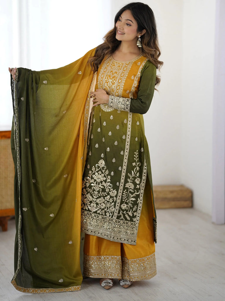 Stunning Yellow Thread Embroidered Chinon Festive Wear Sharara Suit